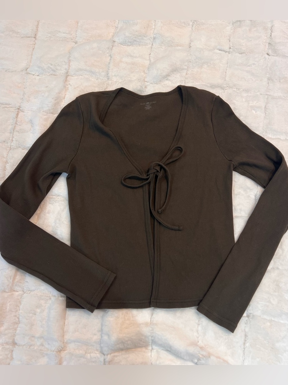 Brandy Melville Long-Sleeve Tie-Front Ribbed Top in Chocolate Brown